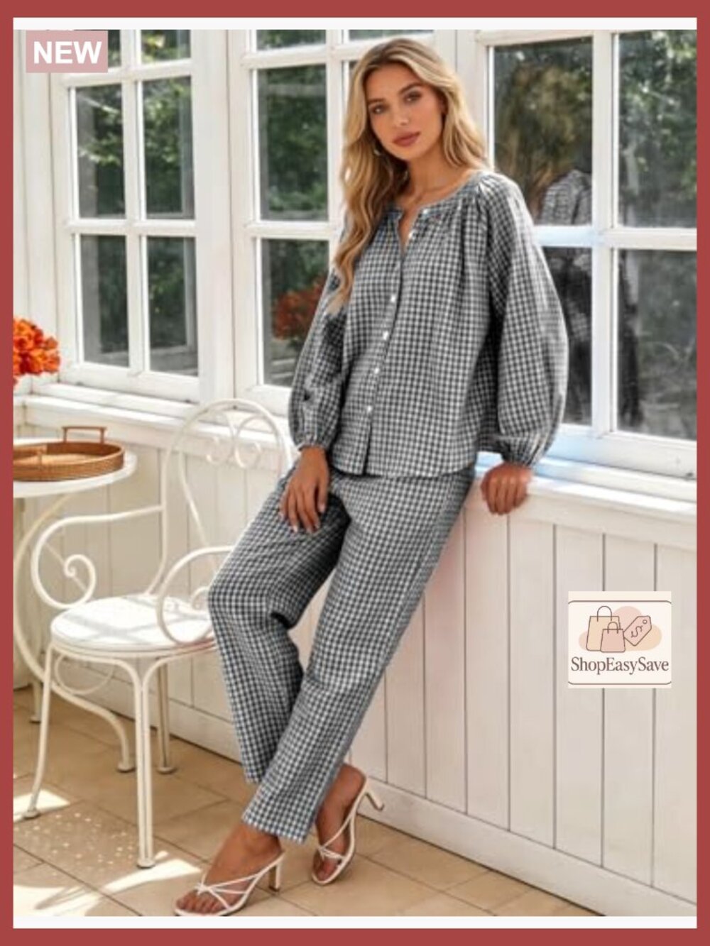 Gingham Pajama Set 2 Piece Cotton Plaid Raglan Sleeve Button Top Straight Leg - Picture 2 of 7